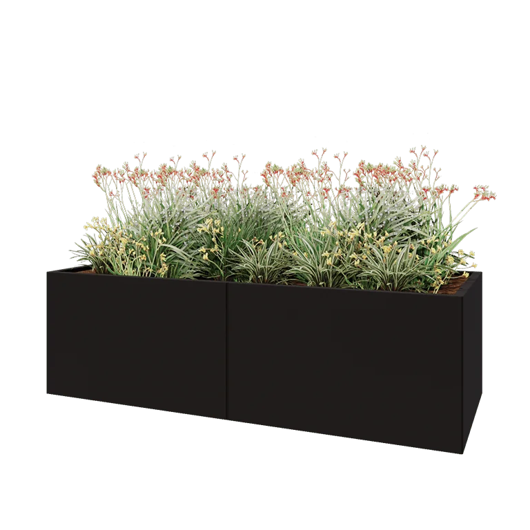 Stål plantekasse XXL - Rektangel - 200 x 80 x 60 cm - RAL9005 mat (sort) - Med bundplade