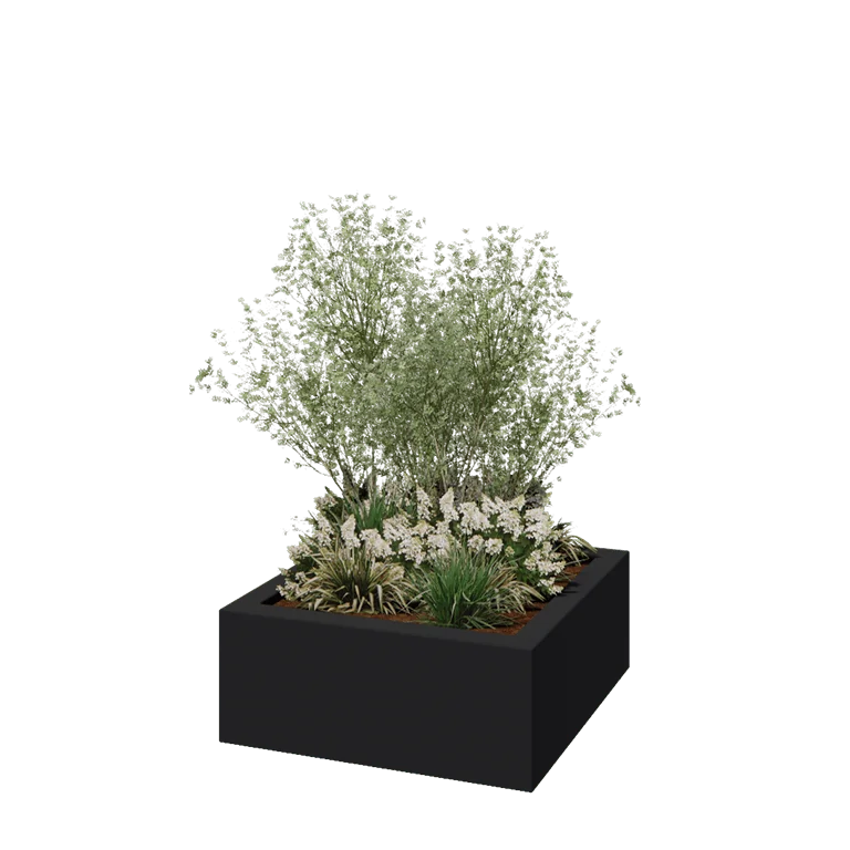 Plantekasse i glasfiber - Kvadratisk - 100 x 100 x 40 cm - RAL7021 mat (sortgrå) - Med bund