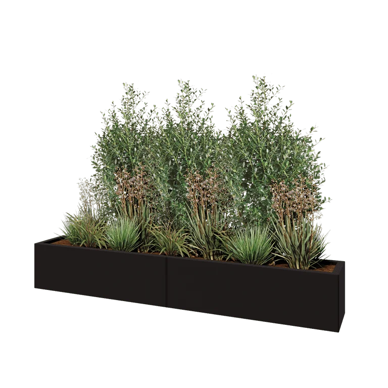Stål plantekasse XXL - Rektangel - 200 x 30 x 30 cm - RAL9005 mat (sort) - Med bundplade