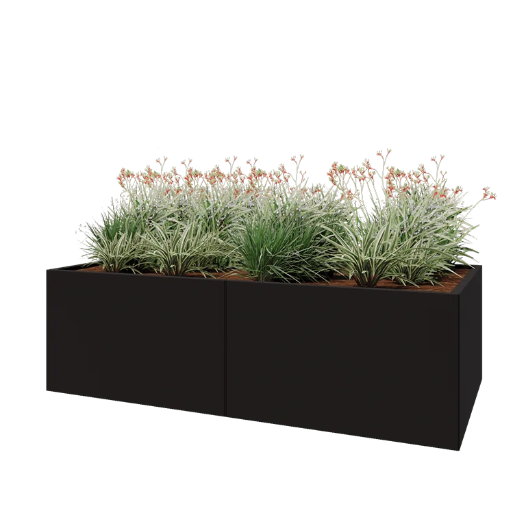Stål plantekasse XXL - Rektangel - 200 x 100 x 60 cm - RAL9005 mat (sort) - Med bundplade
