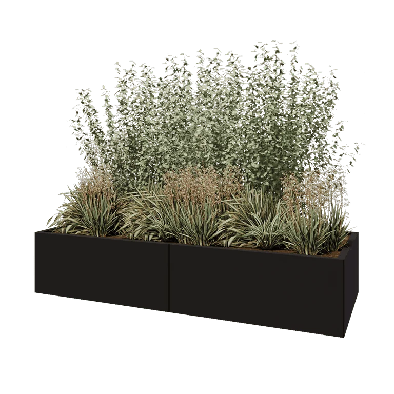 Stål plantekasse XXL - Rektangel - 200 x 80 x 40 cm - RAL9005 mat (sort) - Med bundplade