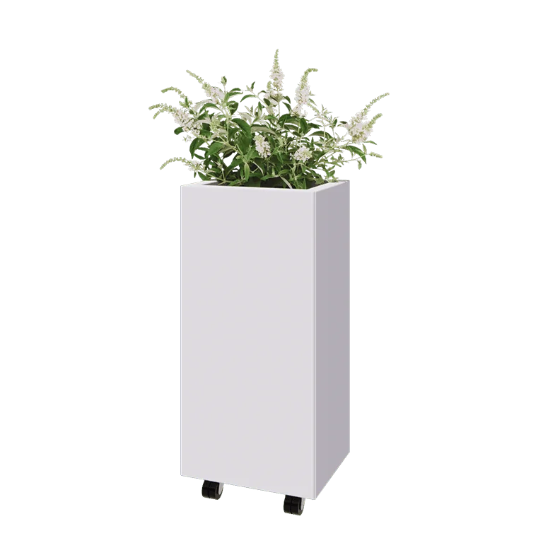 Stål plantekasse - Rektangel - 40 x 30 x 80 cm - RAL9010 mat (hvid) - Med bundplade - Met hjul