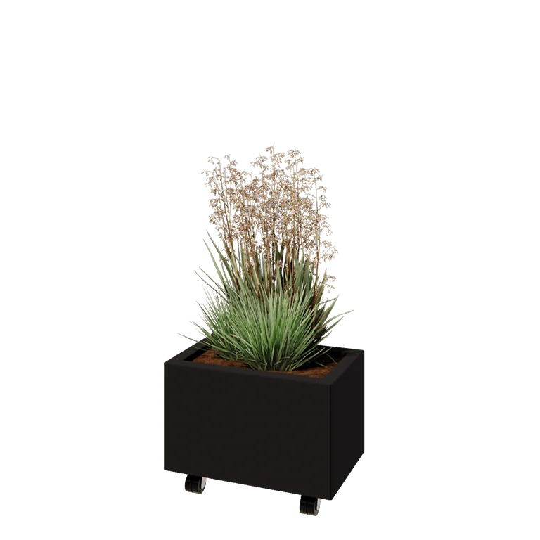 Stål plantekasse - Rektangel - 50 x 30 x 30 cm - RAL9005 mat (sort) - Med bundplade - Met hjul