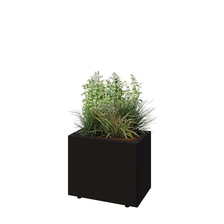 Stål plantekasse - Rektangel - 50 x 30 x 40 cm - RAL9005 mat (sort) - Med bundplade - Med ben