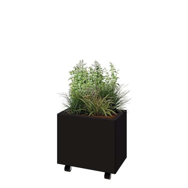 Stål plantekasse - Rektangel - 50 x 30 x 40 cm - RAL9005 mat (sort) - Med bundplade - Met hjul