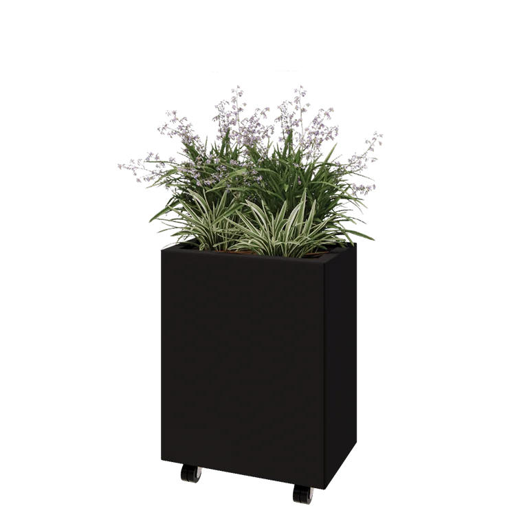 Stål plantekasse - Rektangel - 50 x 30 x 60 cm - RAL9005 mat (sort) - Med bundplade - Met hjul
