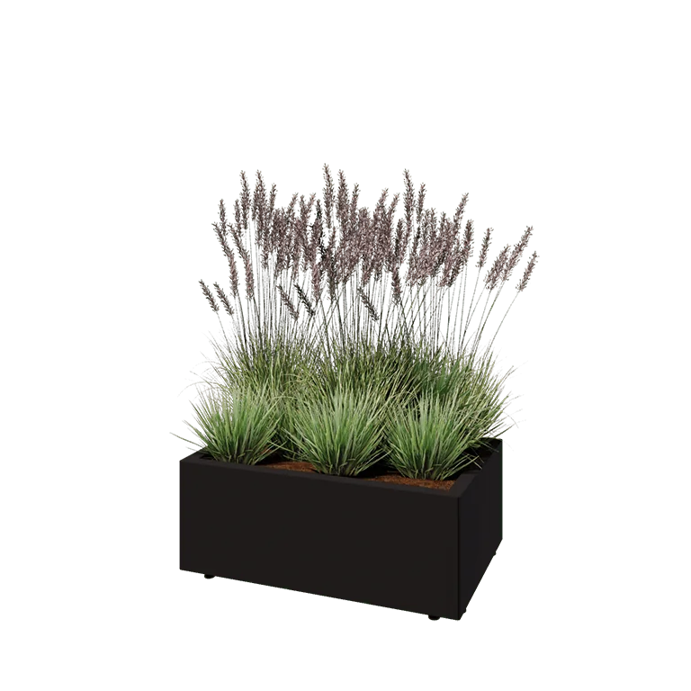 Stål plantekasse - Rektangel - 80 x 50 x 30 cm - RAL9005 mat (sort) - Med bundplade - Med ben