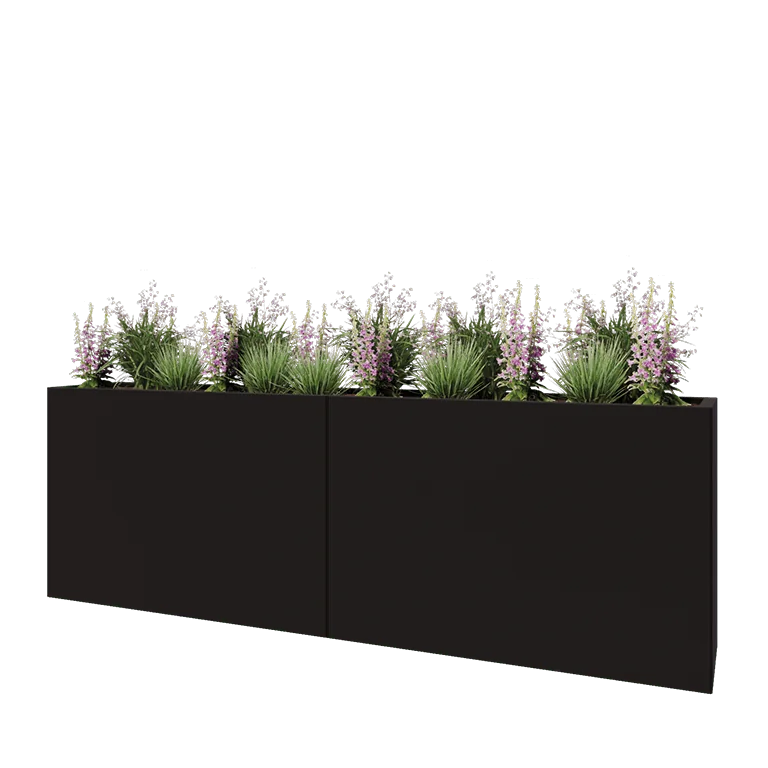 Stål plantekasse XXL - Rektangel - 240 x 40 x 80 cm - RAL9005 mat (sort) - Med bundplade