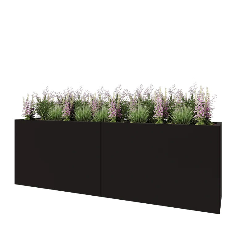 Stål plantekasse XXL - Rektangel - 240 x 50 x 80 cm - RAL9005 mat (sort) - Med bundplade