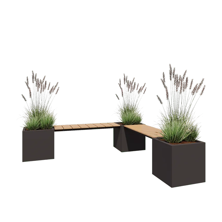 Stål plantekasse - Firkant - Hjørneopstilling - 221,2 x 221,2 x 50 cm - RAL7016 mat (antracitgrå) - Uden bundplade - Med bænk