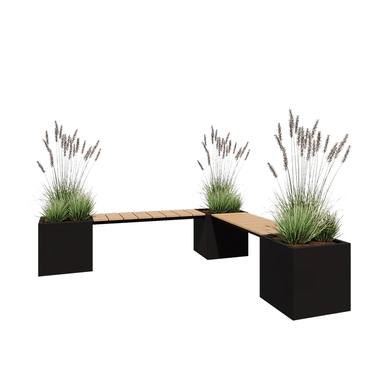 Stål plantekasse - Firkant - Hjørneopstilling - 221,2 x 221,2 x 50 cm - RAL9005 mat (sort) - Uden bundplade - Med bænk