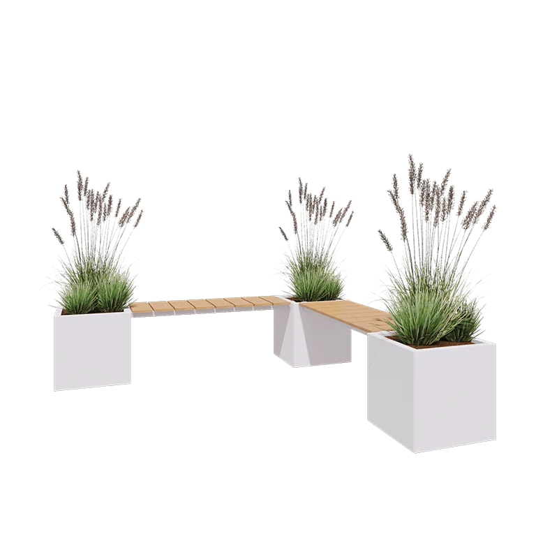 Stål plantekasse - Firkant - Hjørneopstilling - 221,2 x 221,2 x 50 cm - RAL9010 mat (hvid) - Med bundplade - Med bænk
