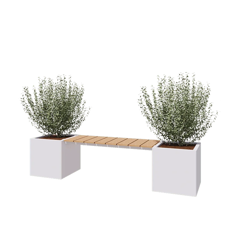 Stål plantekasse - Firkant - 221,2 x 50 x 50 cm - RAL9010 mat (hvid) - Uden bundplade - Med bænk