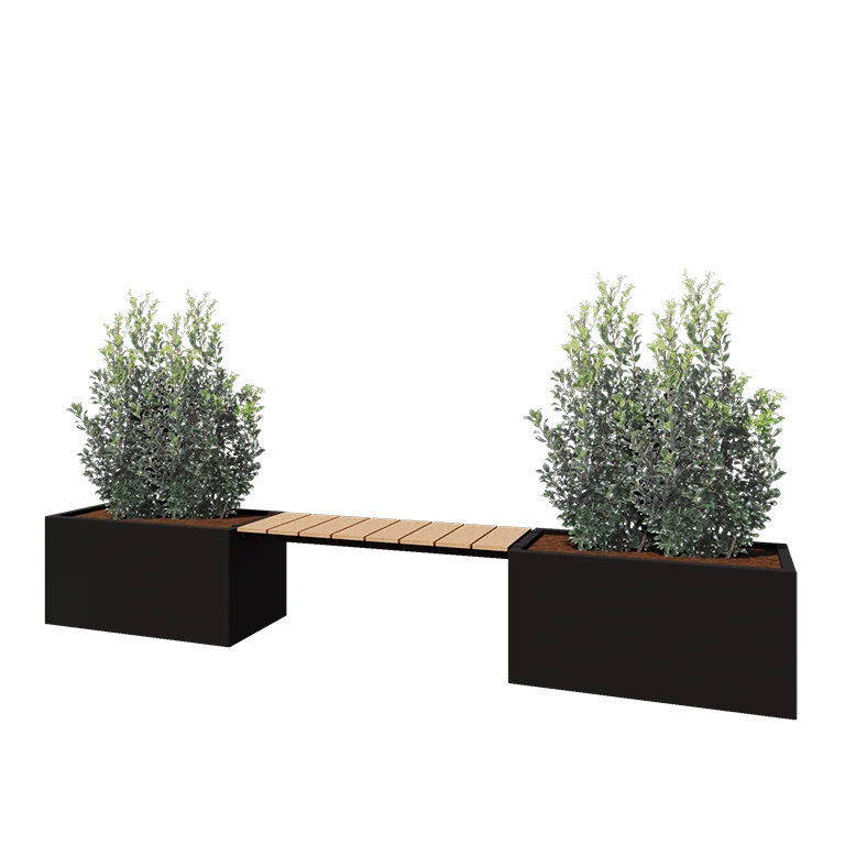 Stål plantekasse - Rektangel - 321,2 x 50 x 50 cm - RAL9005 mat (sort) - Med bundplade - Med bænk