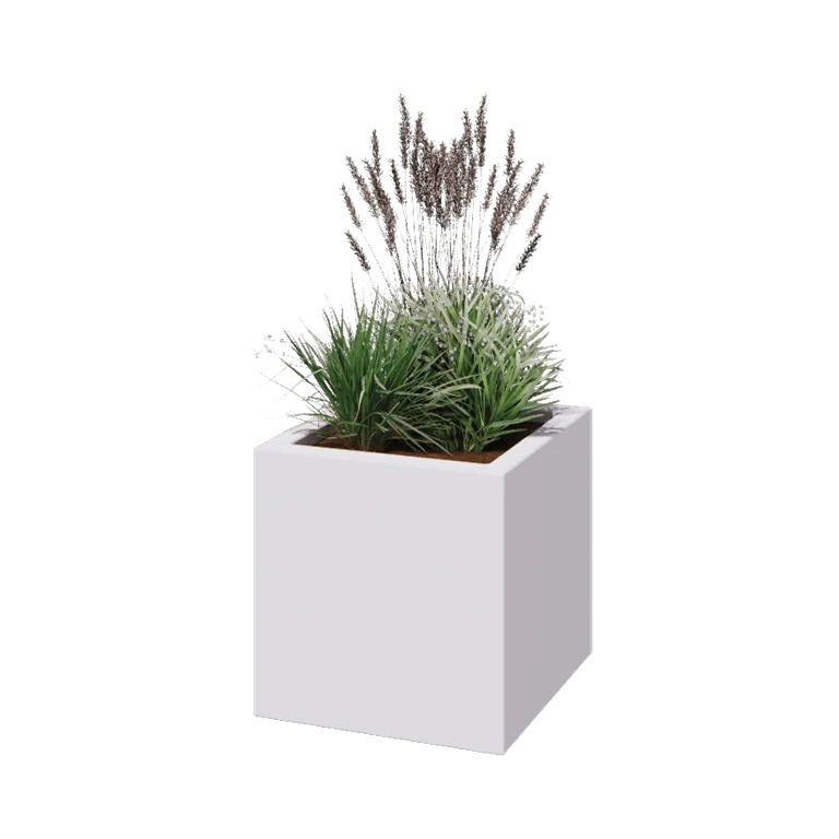 Plantekasse i glasfiber - Kvadratisk - 50 x 50 x 50 cm - RAL9010 mat (hvid) - Med bund