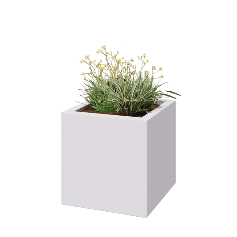 Plantekasse i glasfiber - Kvadratisk - 60 x 60 x 60 cm - RAL9010 mat (hvid) - Med bund