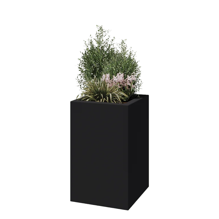 Plantekasse i glasfiber - Kvadratisk - 50 x 50 x 80 cm - RAL7021 mat (sortgrå) - Med bund